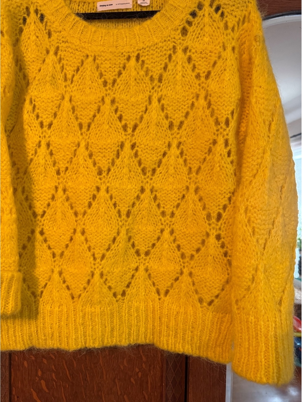 Anthropologie Oversized Bright Yellow Alpaca Blend Pointelle Sweater / Size XS - Picture 5 of 7